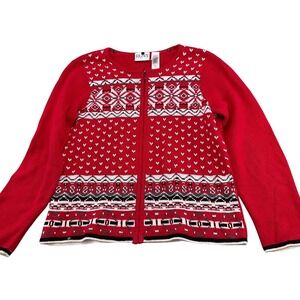 Russ Cardigan Womens Medium Red White Nordic Fair Isle Zip Sweater Winter Retro